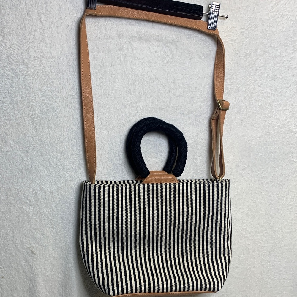 Striped Black & Cream Crossbody Bag with Tan Strap